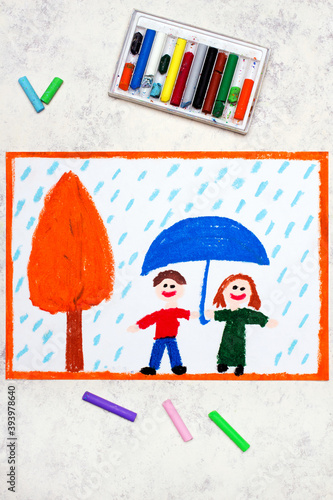 Colorful drawing: Autumn rain, Smiling couple holding umbrella