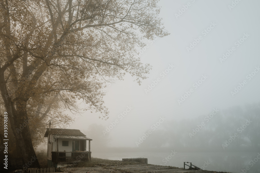 Fisherman's hut on the shore of the pond in the morning mist