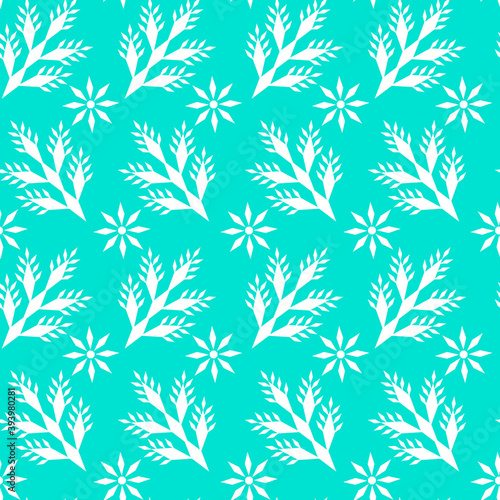 Snowflakes and Fir branches seamless pattern. Winter holiday design. Stylized geometric pattern for packaging, tablecloths, and paper.