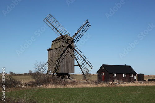 Degerhamn / Sweden - April 20 2013: Windmill at the south tip of island Oeland (Öland) in south-east of Sweden