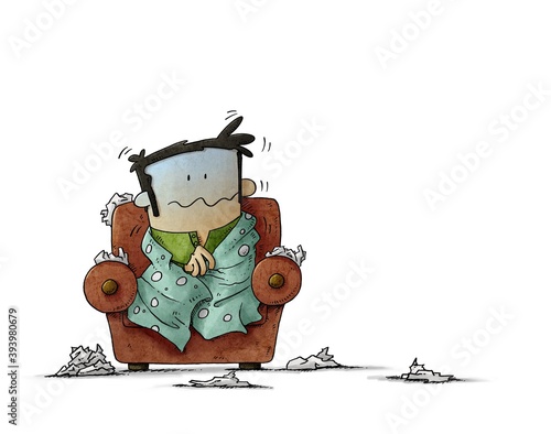Sick man sitting in an armchair surrounded by tissues. Seasonal allergy. man shivering with cold