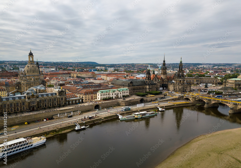 Amazing Dresden aerial view along river Elbe with all the main sights such as the Frauenkirche (church of our lady), Zwinger, Semper Opera and more