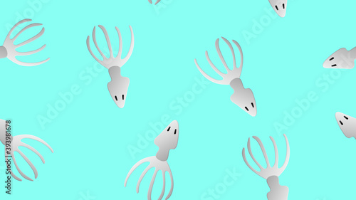 squid on a blue background, vector illustration, pattern. white squid with eyes, seafood. omega 3, delicious healthy fish. pattern and decor for wallpaper, stylish design © Bolbik
