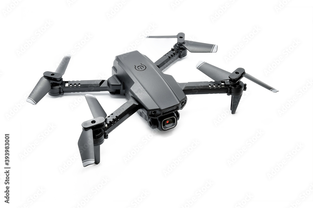 Closeup of black modern copter with camera isolated on white background. Technology of unmanned flying. Closeup of black modern copter with camera isolated on white background. Technology of unmanned flying.