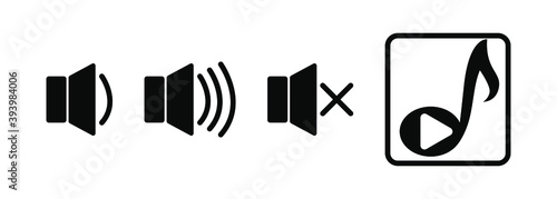 Set of sound icons and square play button with musical note. Black isolated vector illustration on white background