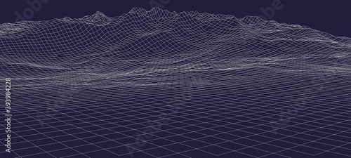 Landscape design of mountains. Wireframe landscape 3d illustration.