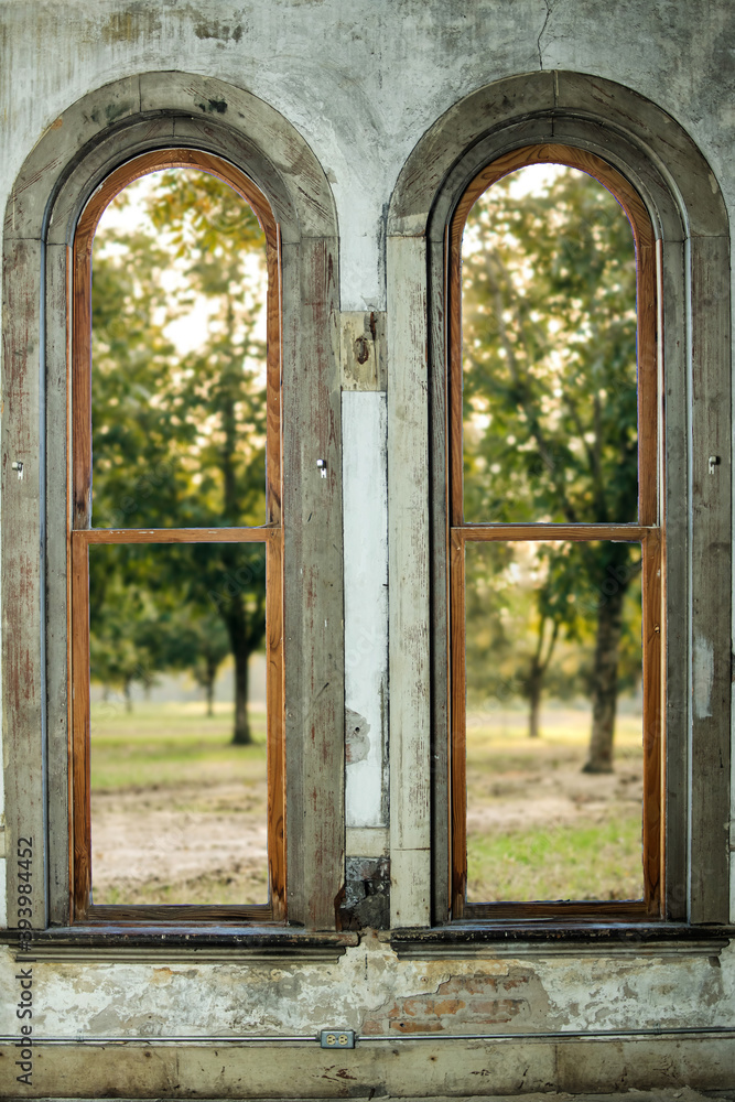 an old window with cement walls and a beautiful pecan orchard outside as the view