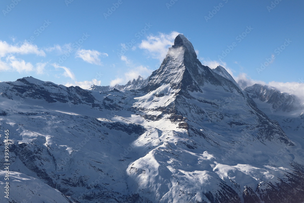 Zermatt, Kanton Wallis (VS)/ Switzerland - January 06 2019: aerial view towards famous Matterhorn, next to Zermatt, Switzerland