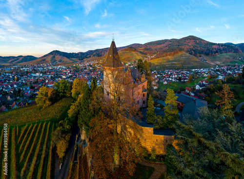 Colorful landscape aerial view of little village Kappelrodeck in Black Forest mountains. Beautiful medieval castle Burg Rodeck. photo