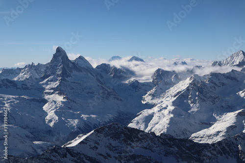 Zermatt, Kanton Wallis (VS)/ Switzerland - January 06 2019: aerial view towards Swiss mountains in the area of Zermatt