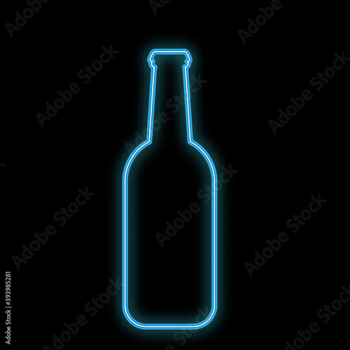 A simple abstract neon bright glowing glowing blue icon, a signboard for a bar from a half-liter beer bottle with craft beer with bubbles and copy space on a black background. Vector
