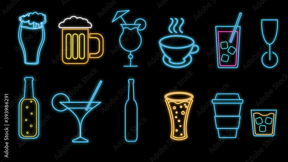 Set of multicolored abstract neon glowing shiny icons, signs of alcoholic drinks for the bar, cafe: cocktails, glasses, beer, bottles, whiskey, coffee, tea on a white background. illustration