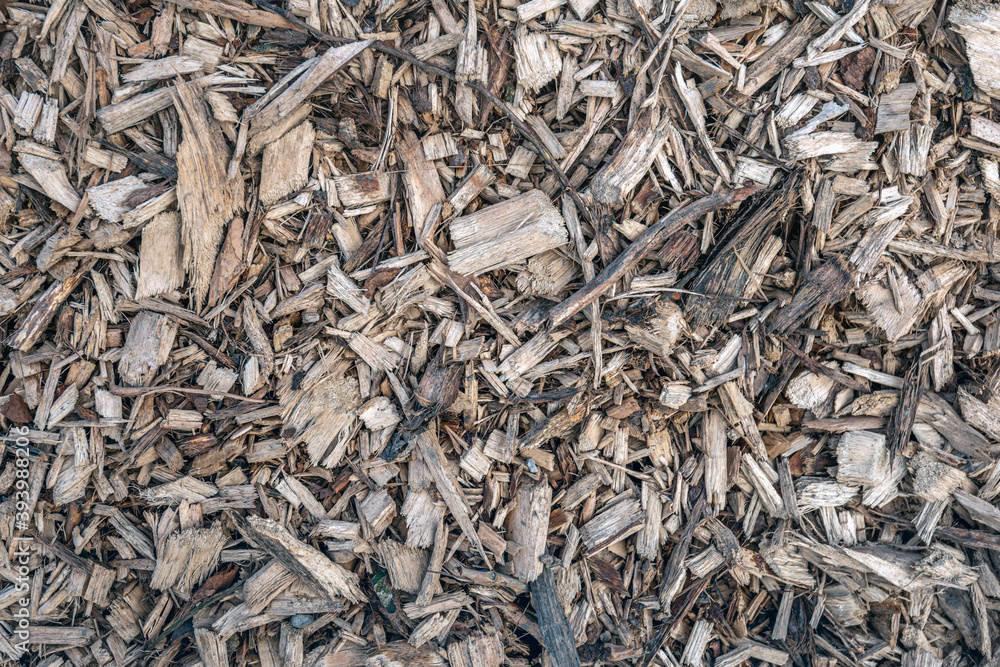 Closeup of irregularly shaped wood chips in a heap. The wood chips are the result of the shredding of pruned branches. Closeup of irregularly shaped wood chips in a heap. The wood chips are the result of the shredding of pruned branches.