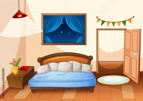 Bedroom cartoon style at night scene