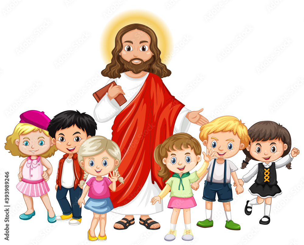 Jesus with a children group cartoon character Jesus with a children group cartoon character