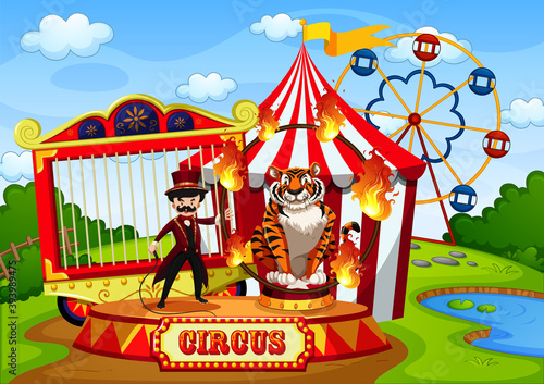 Amusement park with circus in cartoon style scene