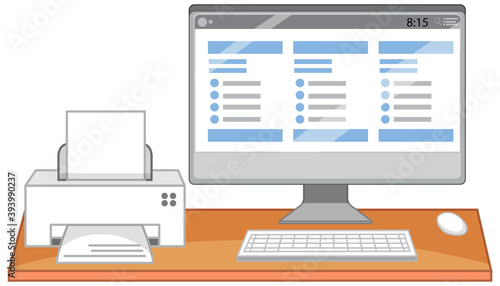 Computer and printer on office desk on white background