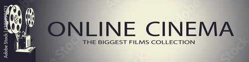 online cinema poster with retro film projector isolated on white background