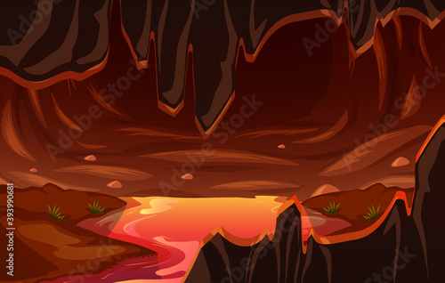 Infernal dark cave with lava scene