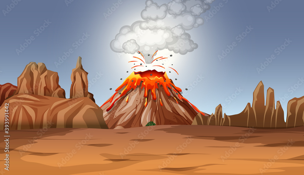 Volcano eruption in desert scene at daytime