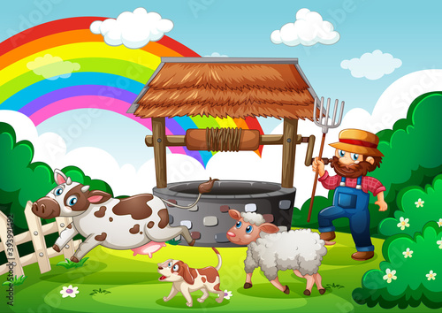 Farmer with animal farm in farm scene in cartoon style