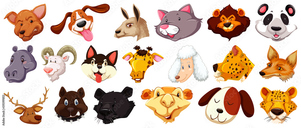 Set of different cartoon animal heads isolated Set of different cartoon animal heads isolated
