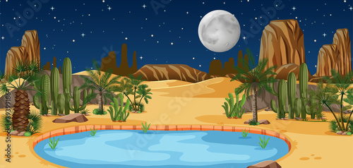 Desert oasis with palms and catus nature landscape at night scene