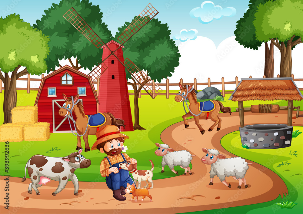 Naklejka premium Old MacDonald in a farm nursery rhymes scene