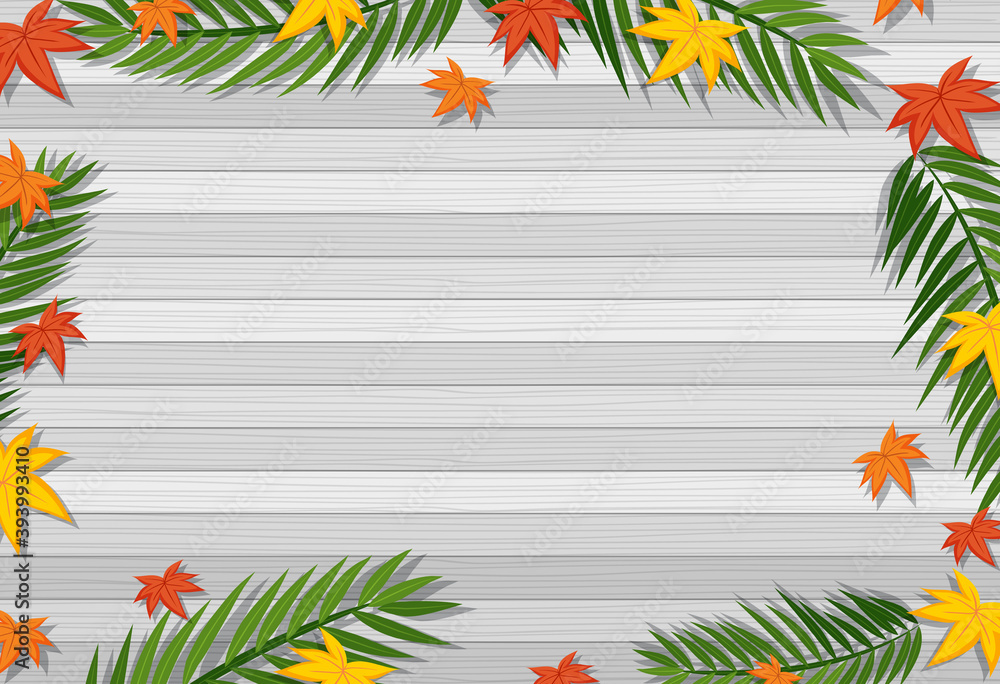 Fototapeta premium Top view of blank wooden table with leaves in different season elements