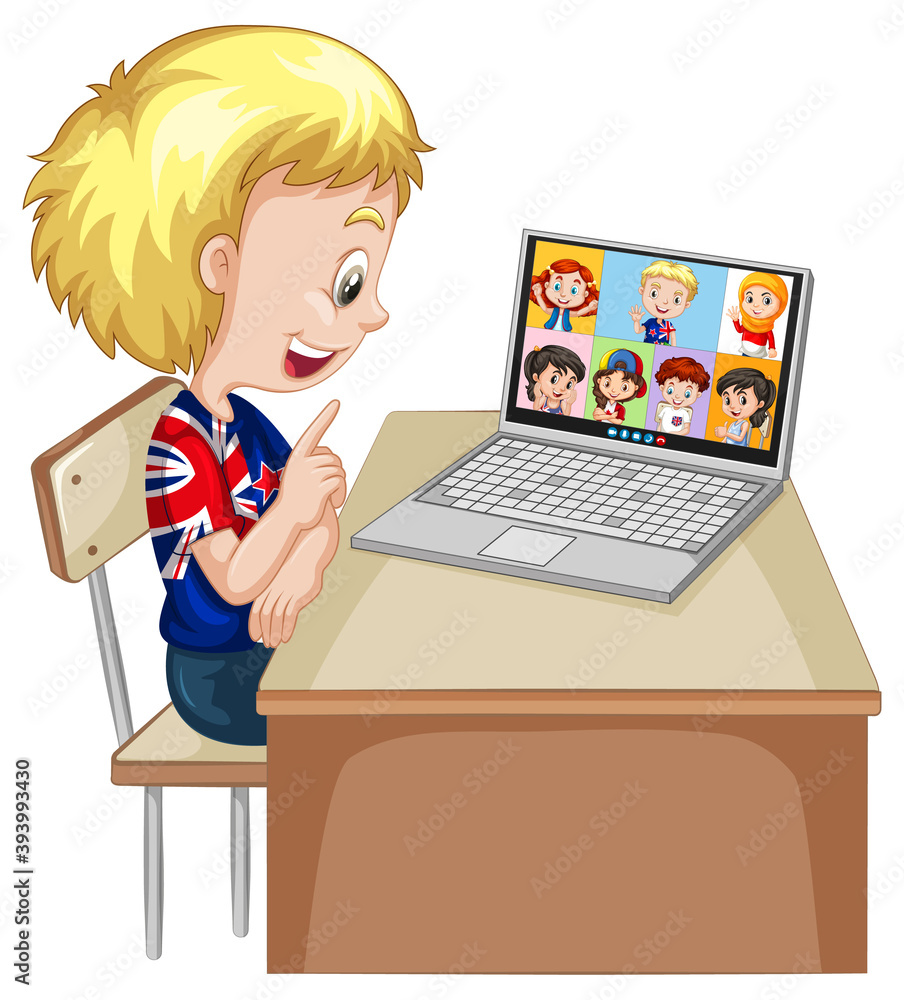 A boy communicate video conference with friends on white background A boy communicate video conference with friends on white background