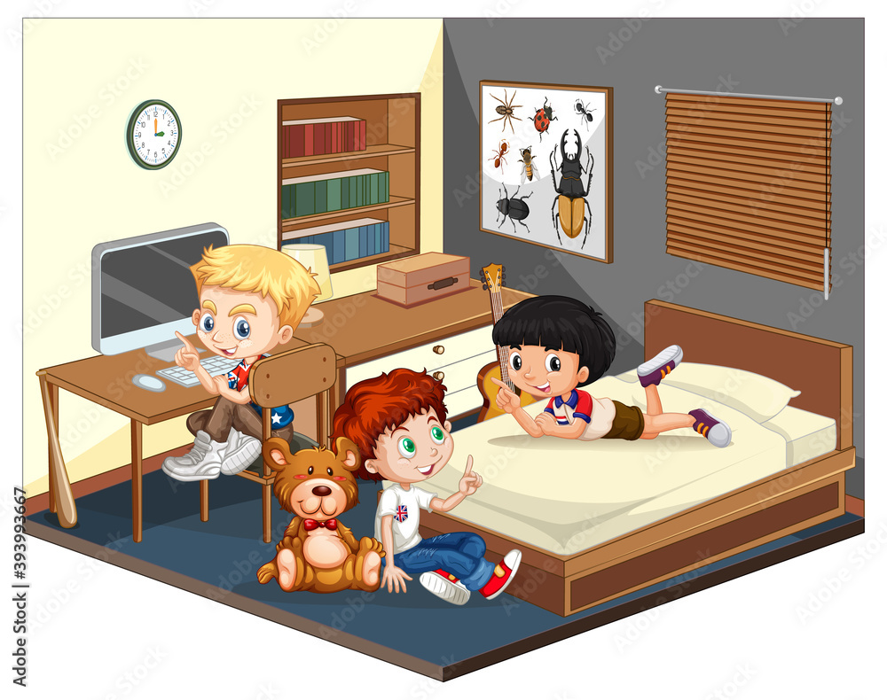 Three boys in the bedroom scene on white background Three boys in the bedroom scene on white background