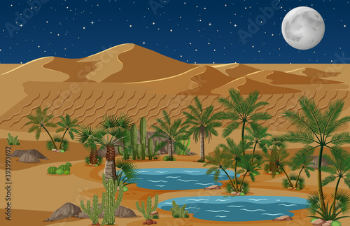 Desert oasis with palms and cactus nature landscape at night scene