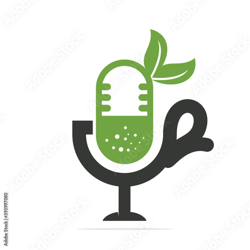 Podcast logo icon with cup of green.  Healthy green tea podcast vector template design. 