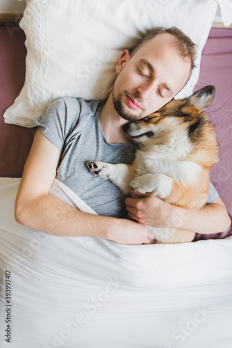 Welsh corgi pembroke dog sleeping with owner in bed, cute and hugging