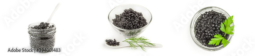 Set of black caviar close-up isolated on white background