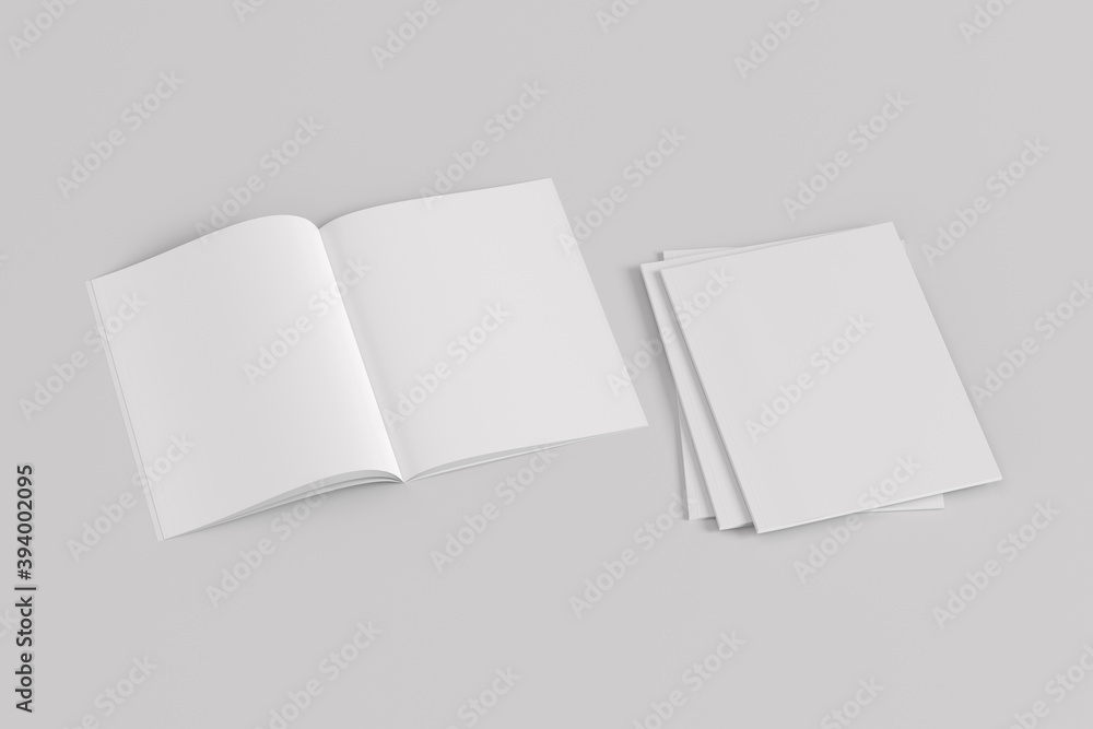 Stack of closed and open vertical magazine or brochure mockup on white background. Stack of closed and open vertical magazine or brochure mockup on white background.