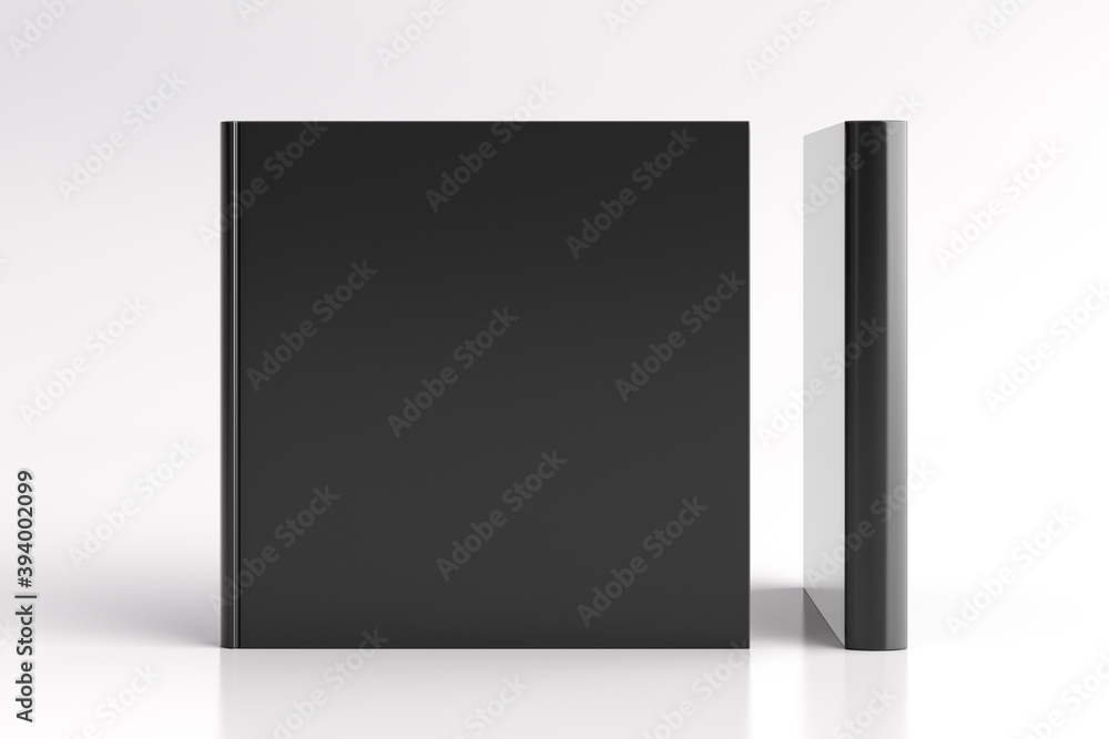 Two hardcover square black mockup books standing on the white background. Blank front cover and spine of book. Two hardcover square black mockup books standing on the white background. Blank front cover and spine of book.