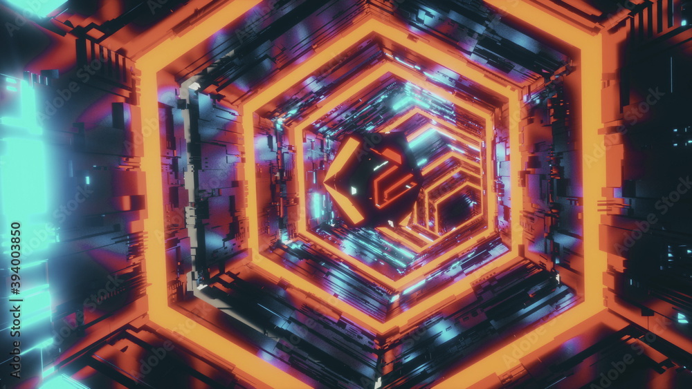 abstract background with a mirror polyhedron flying through the hexagon tunnel in neon colorful azure and red lights. 3d rendering animation in 4K video. abstract background with a mirror polyhedron flying through the hexagon tunnel in neon colorful azure and red lights. 3d rendering animation in 4K video.
