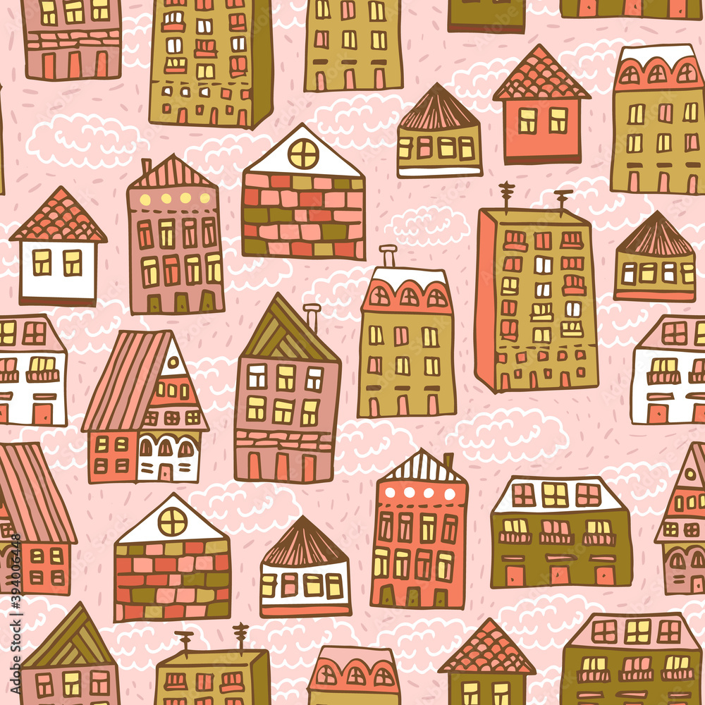 lovely houses pattern on pink background lovely houses pattern on pink background
