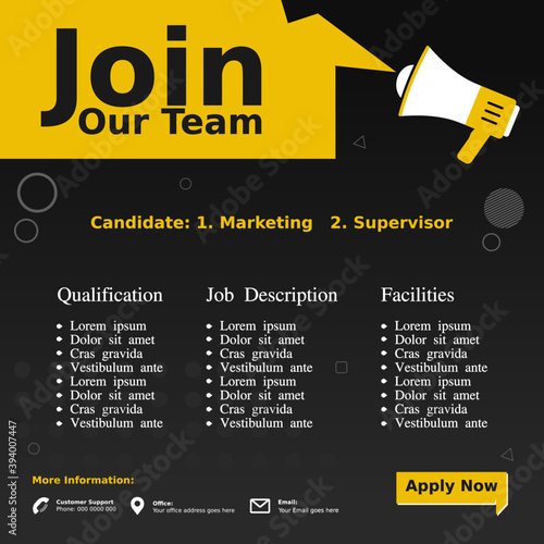 Hiring, Job vacancy design poster.Open recruitment design template. Social media post design layout