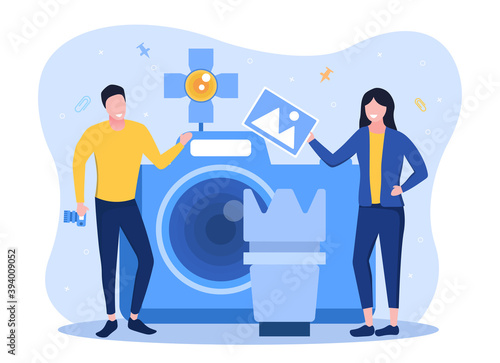 Photography school course. Male and female characters teaching professional photography. Artistic hobby and photography class. Flat cartoon vector illustration with fictional characters