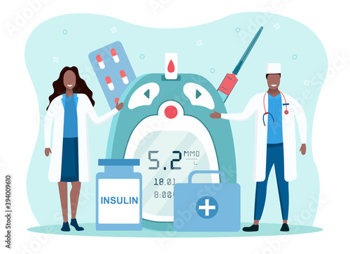 Measuring sugar in blood with glucometer. Concept of diabetes awereness, healthcare and treatment. Black doctors doing their best to prevent health problems. Flat cartoon vector illustration