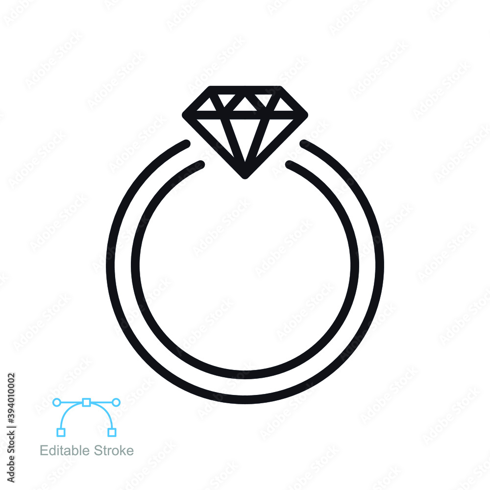 Diamond ring line icon. Woman wedding ring shiny elegant  for fiance relationship. Engagement Jewelry. Marriage Jewel Accessory. Editable stroke. Vector illustration. design on white background EPS 10