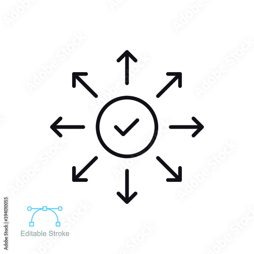 Distribution and launch line icon. Product release marketing. Success networking, check mark button with arrow spreading. outline pictogram. Vector illustration. Design on white background. EPS 10