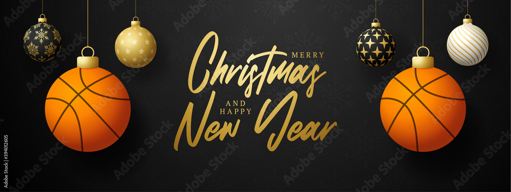 Merry Christmas and Happy New Year luxury Sports greeting card. Basketball ball as a Christmas ball on black background. Vector illustration.