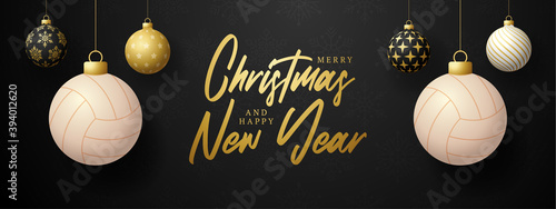 Merry Christmas and Happy New Year luxury Sports greeting card. volleyball ball as a Christmas ball on black background. Vector illustration.