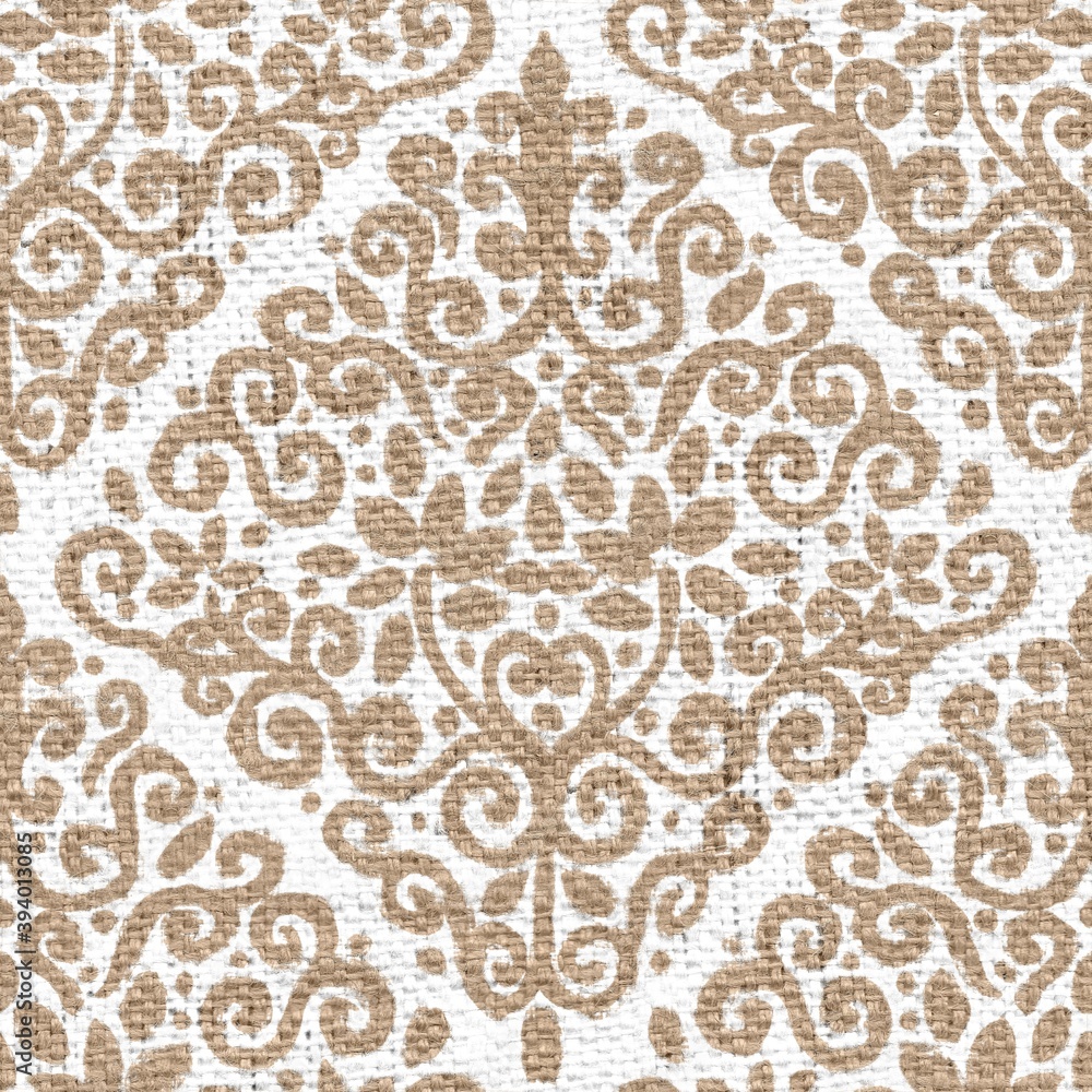 Seamless burlap with white paint pattern overlay. High quality illustration. Real burlap fabric texture with digital pattern on top for print in various surface design uses. Great for interiors. Seamless burlap with white paint pattern overlay. High quality illustration. Real burlap fabric texture with digital pattern on top for print in various surface design uses. Great for interiors.