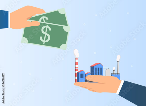 Industry business acquisition deal. Abstract concept of buying and selling factory or energy production plant by businessman. Flat cartoon vector illustration