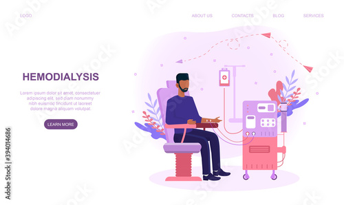 Hemodialysis for kidney treatment. Man sitting in a chair and getting a kidney disease treatment. Patient having a internal injection. Website web page, landing page template. Flat vector illistration