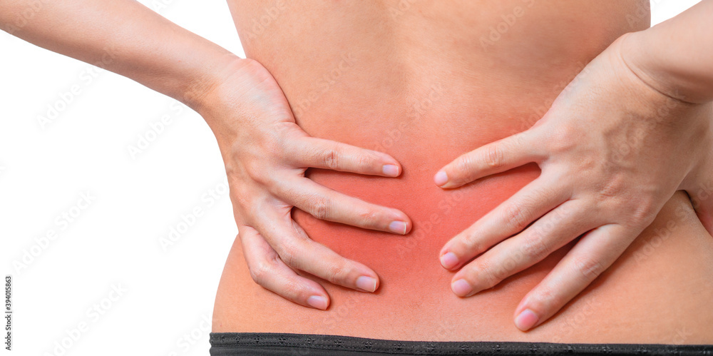 Back view of woman suffering from back pain and hand touch her back isolate on white background, Clipping path, Back ache concept. Back view of woman suffering from back pain and hand touch her back isolate on white background, Clipping path, Back ache concept.